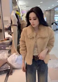 长袖千金风兔毛厚款冬季女翻领短外套暗扣#6161