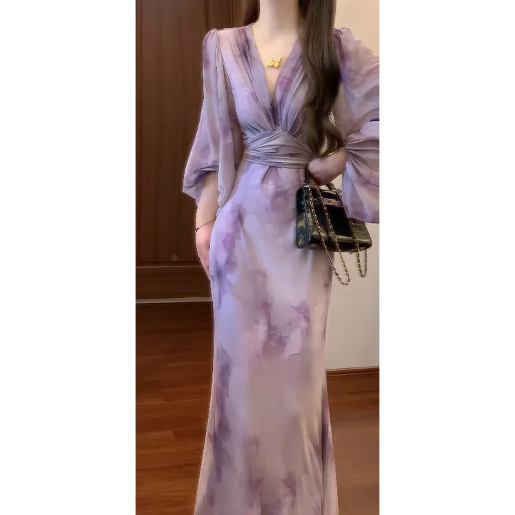 【紫衫木】法式温柔紫色浪漫晕染交叉领连衣裙宫廷袖气质长裙9026