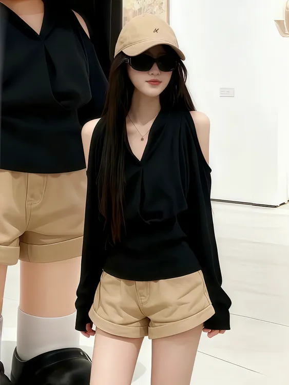 法式纯欲风V领露肩收腰长袖T恤女2025秋季爆款小心机宽松显瘦上衣