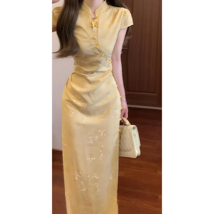 【如初】新中式国风绝美鹅黄色提花改良旗袍连衣裙收腰气质长裙9634