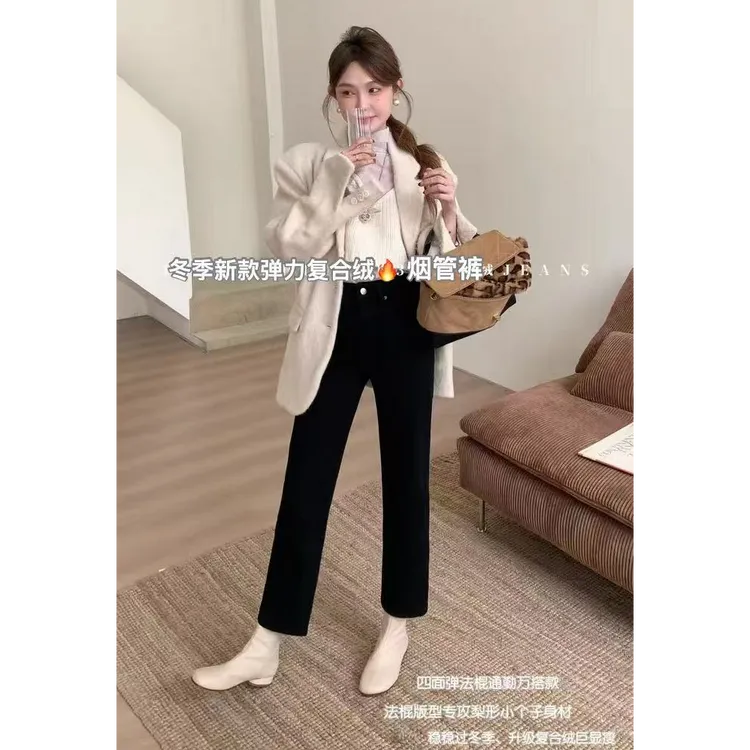 王永家~复合加厚绒简约显瘦直筒牛仔裤四面弹烟管九分裤36019