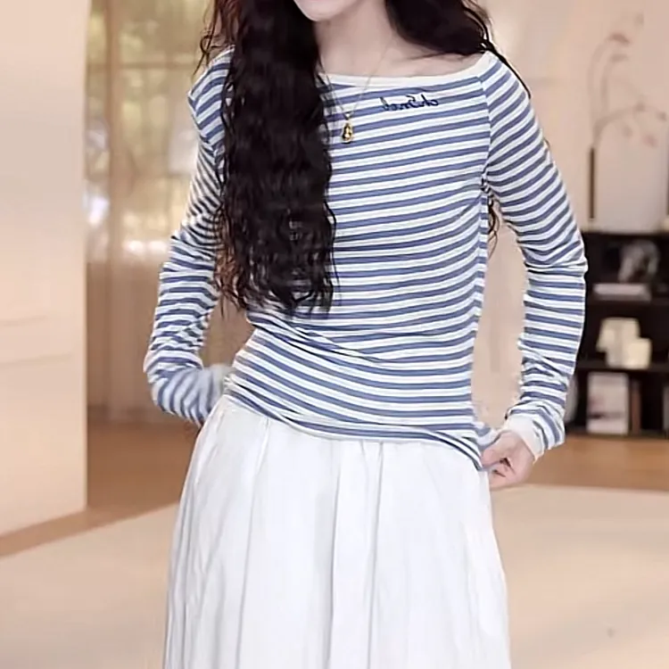 设计感斜肩字母条纹长袖显瘦t恤女2025新款春夏时尚百搭休闲上衣