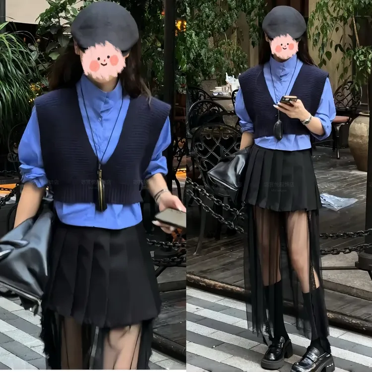 【现货】新款时尚舒适百搭真两件针织拼短衬衫宽松百褶长纱裙套装