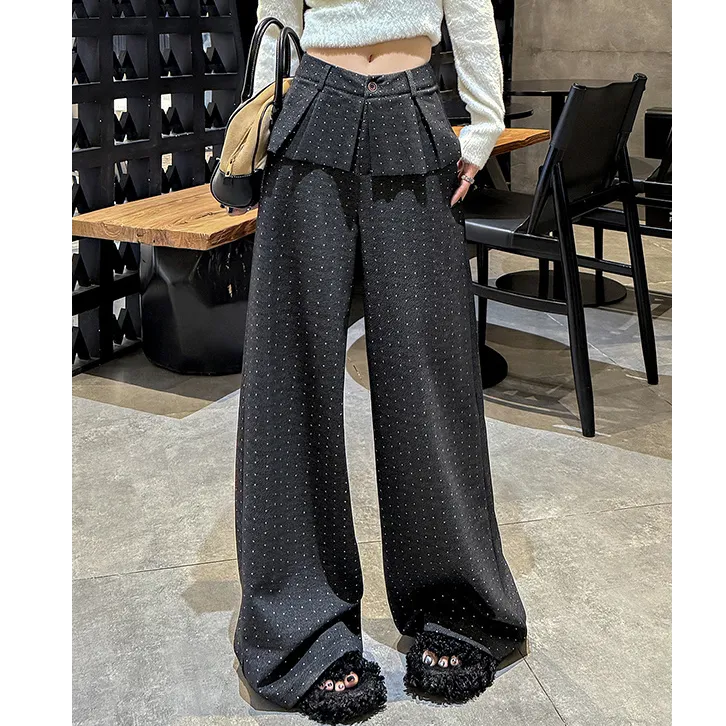 秋冬新款波点阔腿裤显瘦直筒裤重工小裙摆慵懒垂感休闲裤