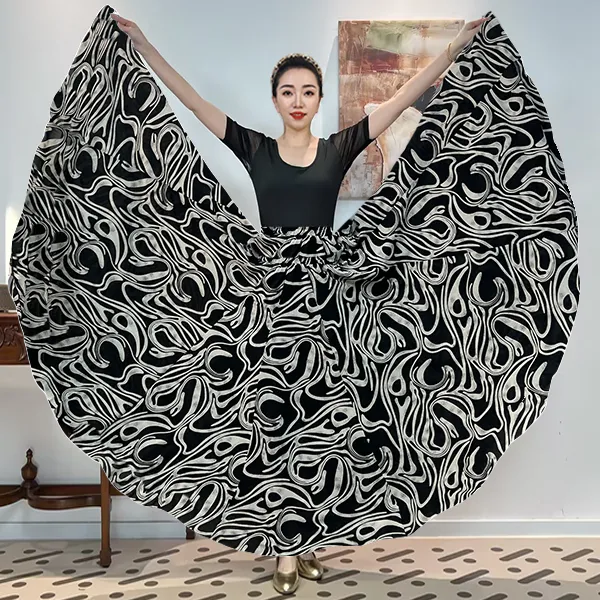 A《丝柔墨语》芙蓉绉花满铺印花时尚百搭全松紧腰大摆半身裙带衬裙