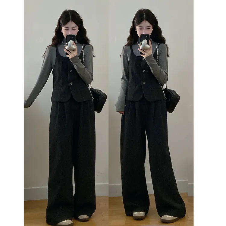 大码女装秋冬新款气质名媛显瘦打底衫马甲阔腿裤三件套套装