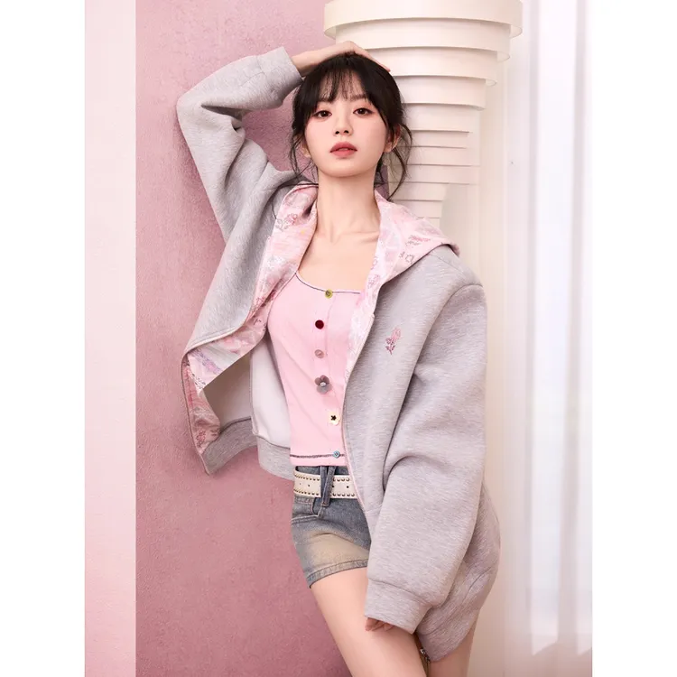 田曦薇同款ablueberry 灰色连帽卫衣外套女宽松甜美休闲夹克