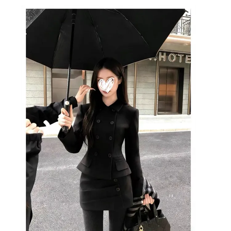黑色双排扣毛呢西装短外套女高级感气质显瘦短裙大衣两件套装冬季