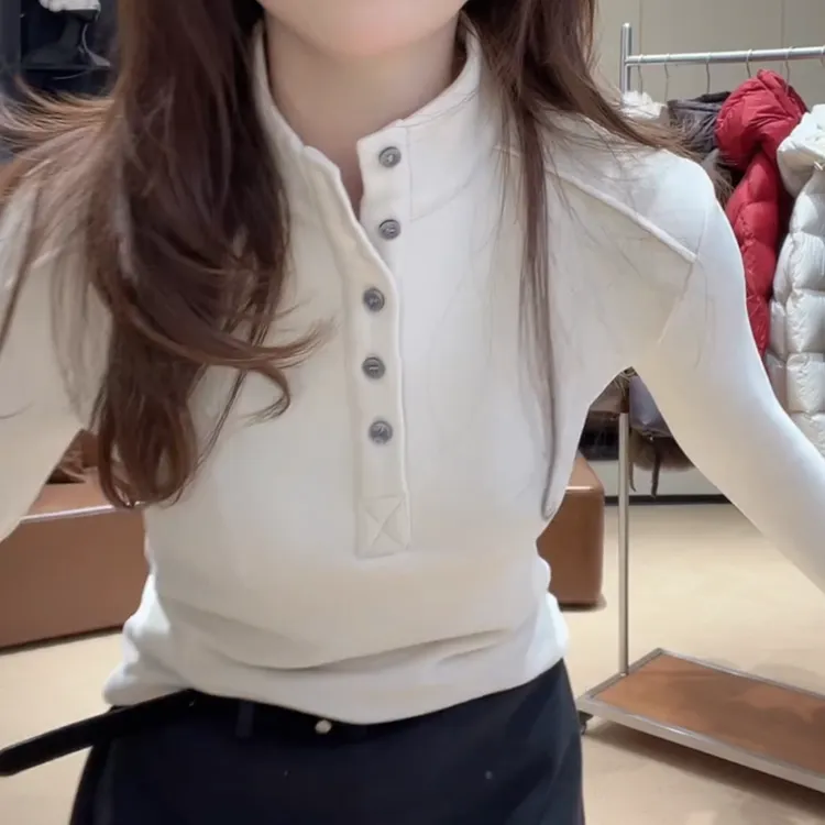 冬季单排扣立领显瘦打底上衣长袖T恤纯色百搭LK2509156