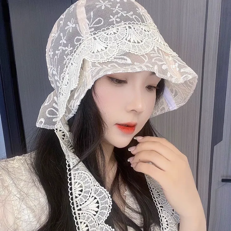 春夏蕾丝渔夫帽女薄款韩版百搭沙滩出游透气遮脸防晒拍照打卡盆帽