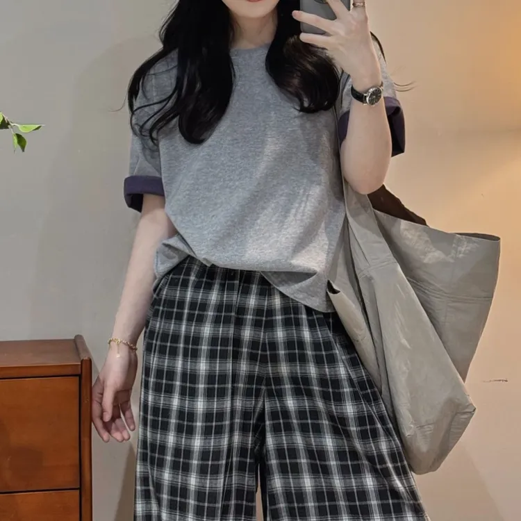 舒适透气纯色圆领短袖T恤女2025夏季新款休闲简约宽松半袖上衣