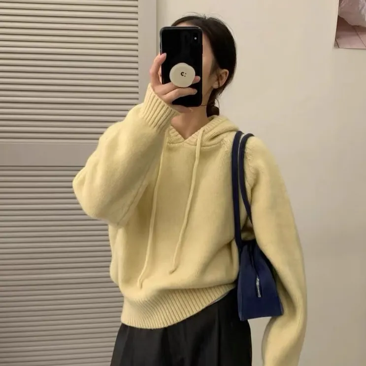 韩系简约连帽毛衣女秋冬新款温柔风宽松长袖套头针织衫欧洲站上衣