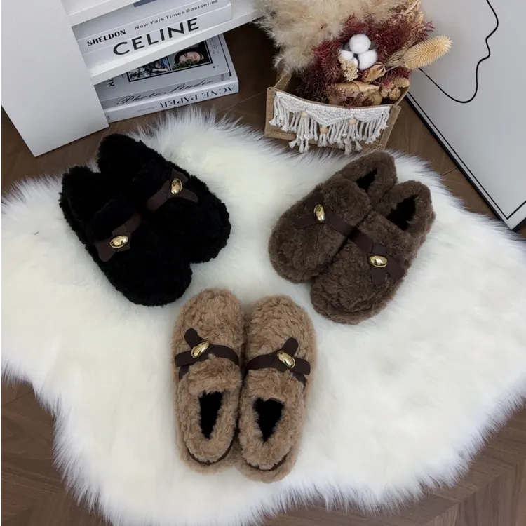 新款软底防滑毛毛鞋复古港风小金豆秋冬潮流风棉鞋纯色百搭秋冬