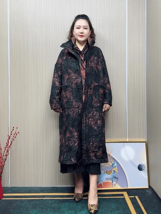 加肥加大码长袖中长款风衣中老年秋冬加绒大衣遮肉显瘦保暖外套
