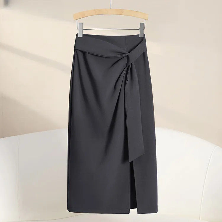 黑色开叉易打理极简半身裙2025秋季褶皱设计半身裙子高腰修身显瘦