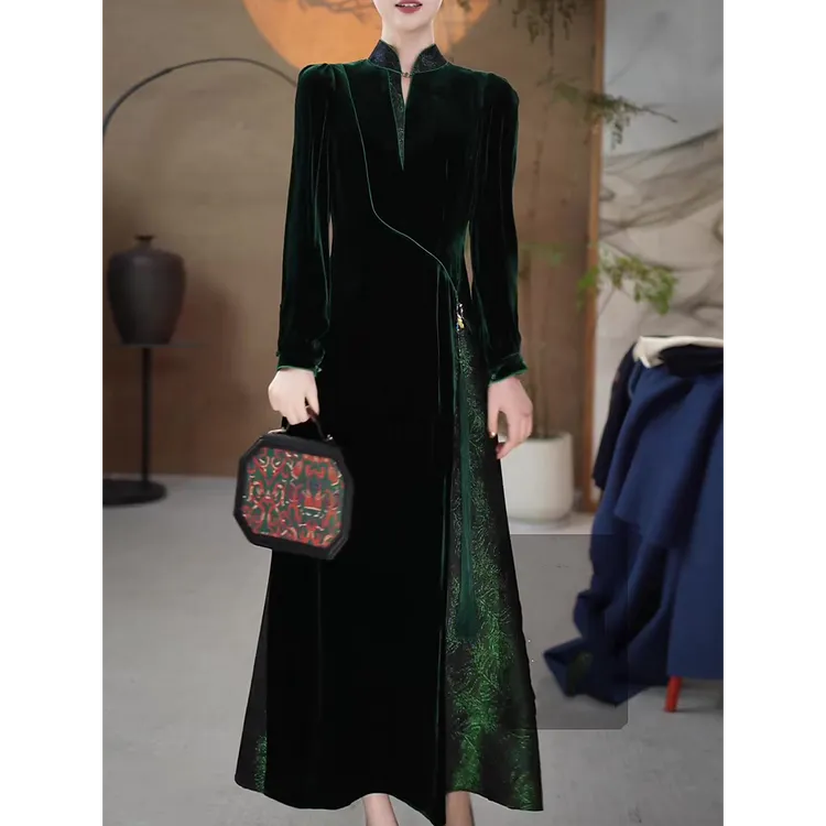 新中式时尚改良旗袍连衣裙女2025秋季新款复古风收腰显瘦拼接长裙