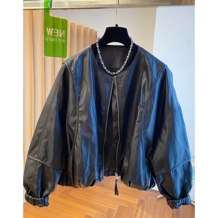 黑色蛋白皮衣外套女酷飒风2025新款秋季宽松短款机车服夹克上衣