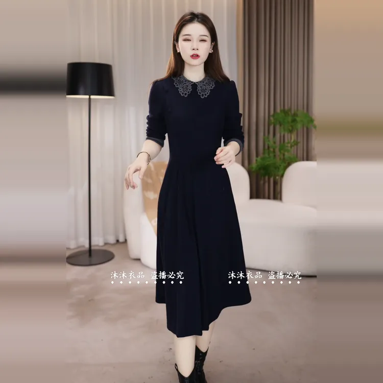 中长裙显瘦气质时尚长袖藏蓝色秋冬新款修身法式连衣裙