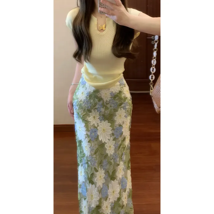夏季重磅水溶蕾丝花朵刺绣绿色半裙&小香风U领短袖针织衫上衣9298
