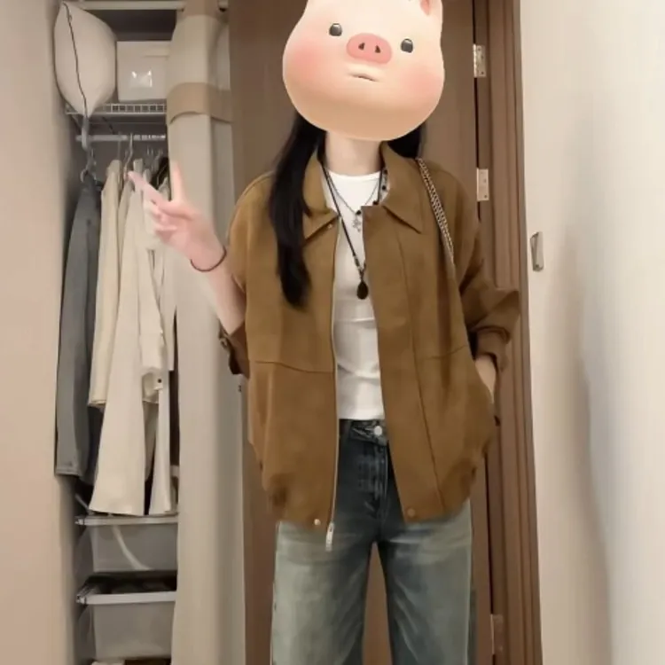 棕色麂皮绒外套女秋冬2025年新款复古宽松休闲设计感翻领机车夹克