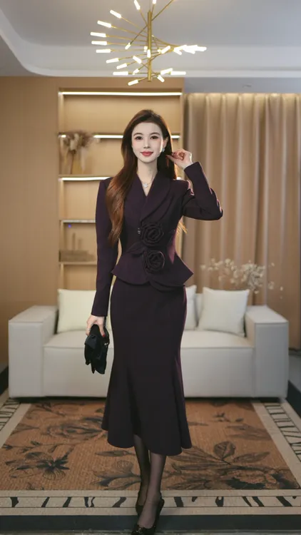 罗曼定制 高定原创冬季长袖时尚毛呢呢子厚款两件套装女+鱼尾半裙