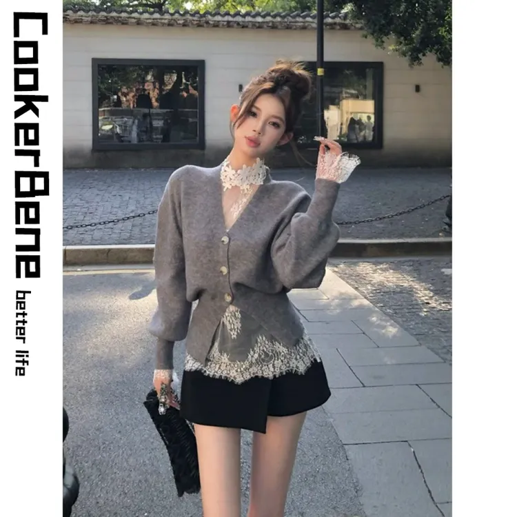 法式纯欲温柔风套装女秋冬v领灰色毛衣针织开衫+蕾丝打底两件套