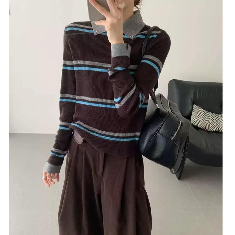 MEIZHENZI【优雅大淑】31%超细绵羊毛|秋冬小翻领针织衫女打底毛衣