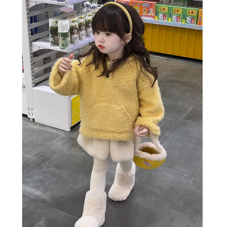 女童加绒卫衣2025秋冬季新款儿童韩版连帽毛毛卫衣中小童套装洋气