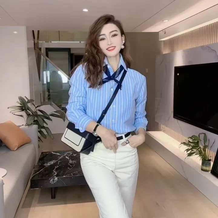【可可专属】宽松蓝色条纹衬衫女气质减龄休闲外穿衬衣洋气叠穿内搭