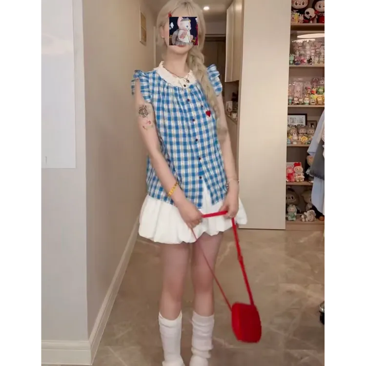 新款法式小飞袖蓝色格子短袖衬衫女夏季韩系甜美碎花上衣-99375
