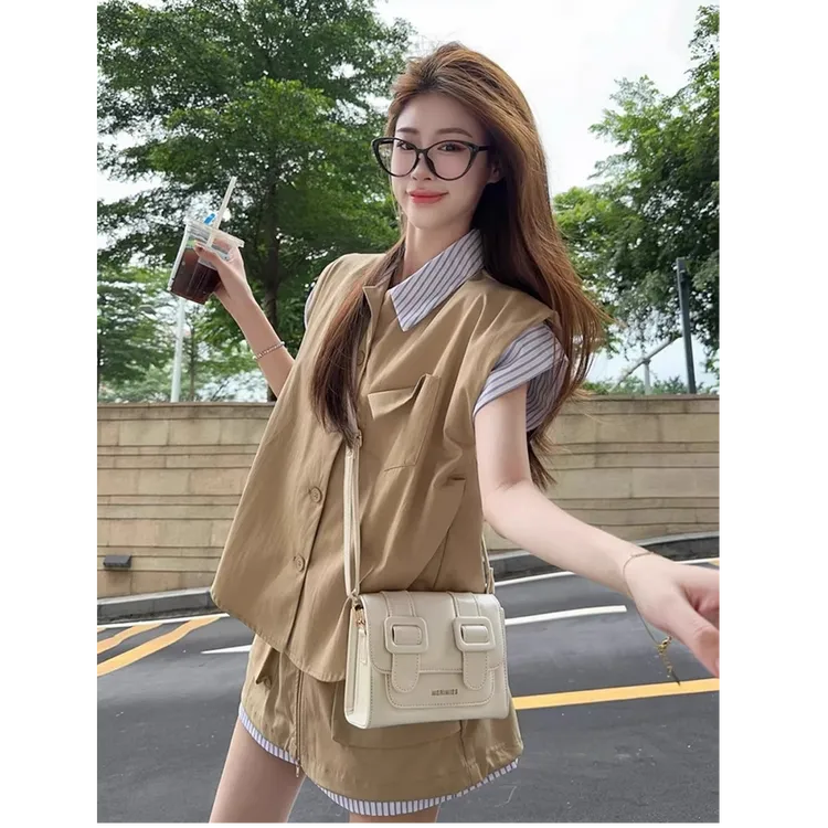 港风复古运动套装女夏季宽松时尚假两件衬衫短袖短裙休闲两件套潮