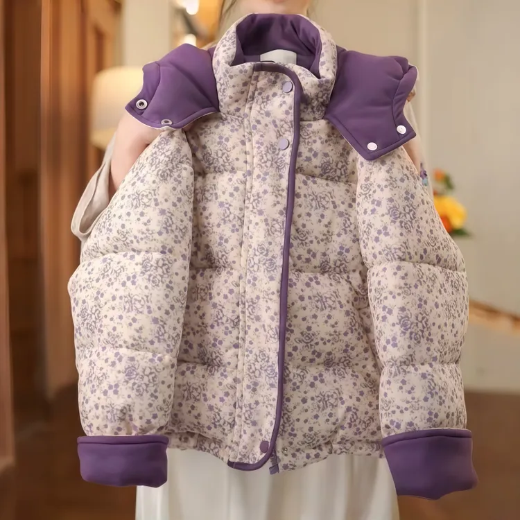 女童加厚碎花棉服2025新款冬季连帽棉衣外套女孩洋气冬装保暖棉袄