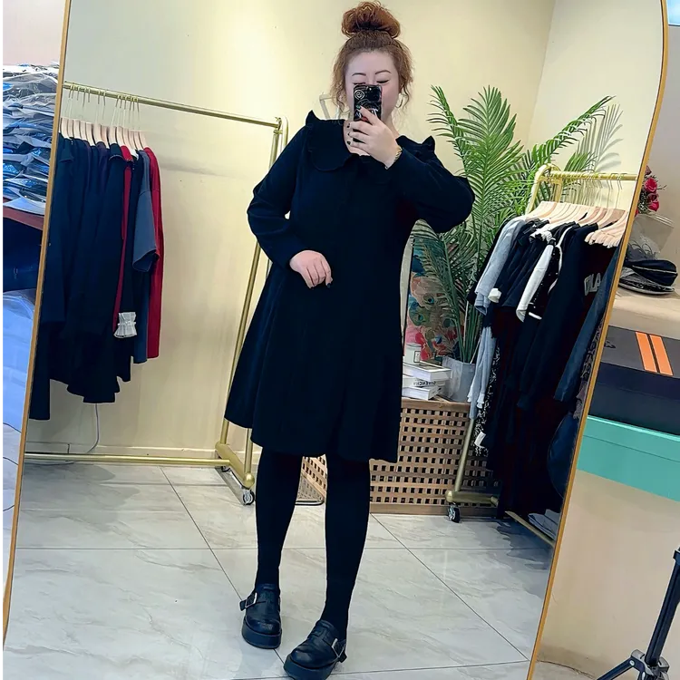 雪尼尔娃娃领A版连衣裙女 大码显瘦气质时尚秋冬百搭女装