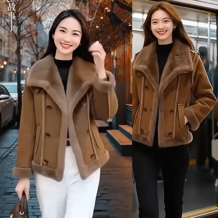 时尚轻奢皮毛一体短款外套女冬装新款气质大毛领加厚保暖棉服上衣