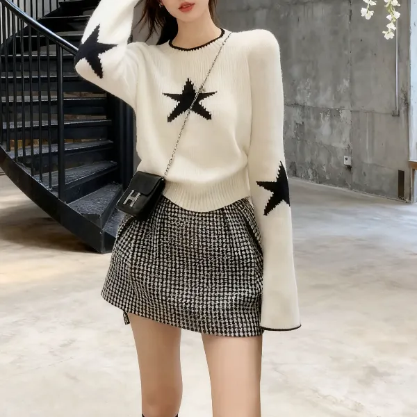 2025秋季时尚洋气新款气质百搭圆领长袖针织衫高腰花苞裙套装女