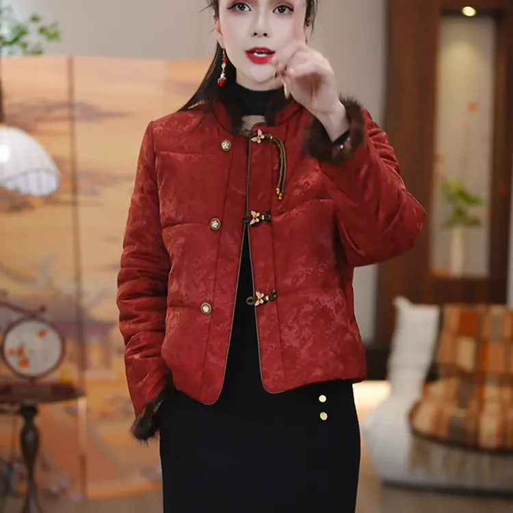 2025冬新款梅子红了国风棉衣气质保暖棉外套小香风复古轻奢