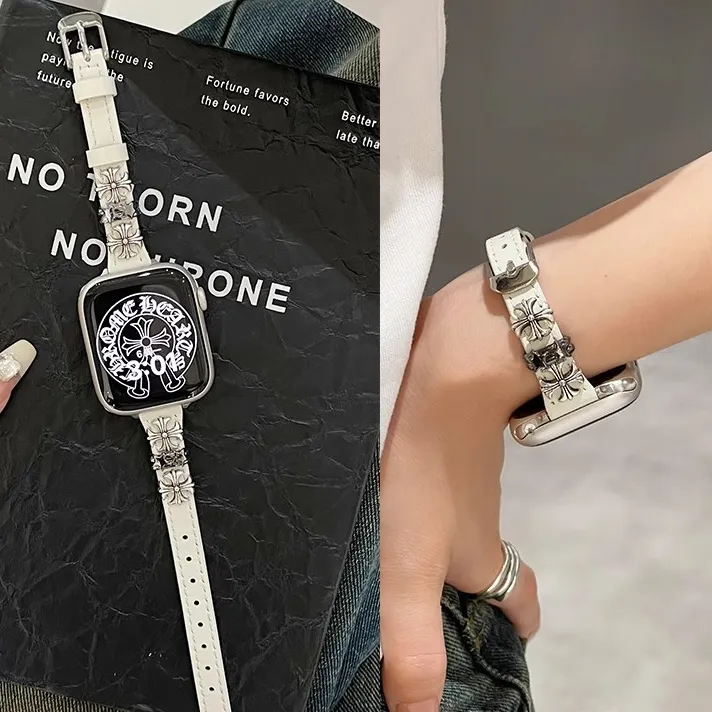 适用苹果手表S10新款美式十字架iwatchS9克罗芯S8细款SE皮质表带