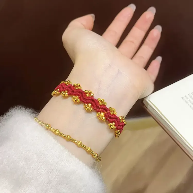 铜合金手链 新中式蹦迪珠蕾丝波浪红绳手链手工编织本命年手绳