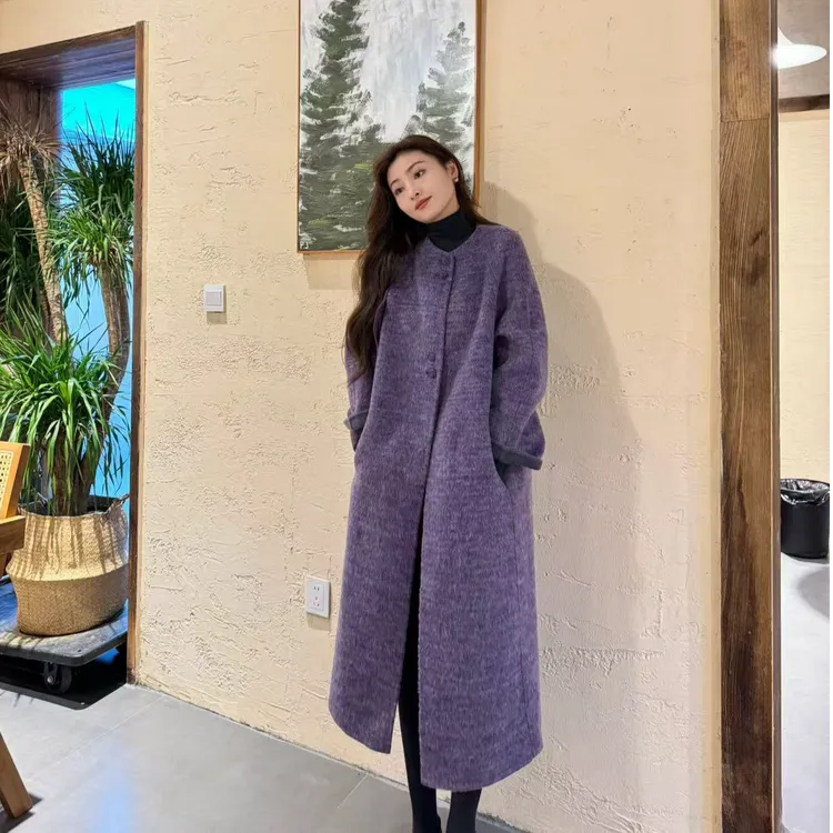 韩版毛呢外套秋冬流苏羊驼毛立领大衣长款加厚长毛羊驼长款纯色