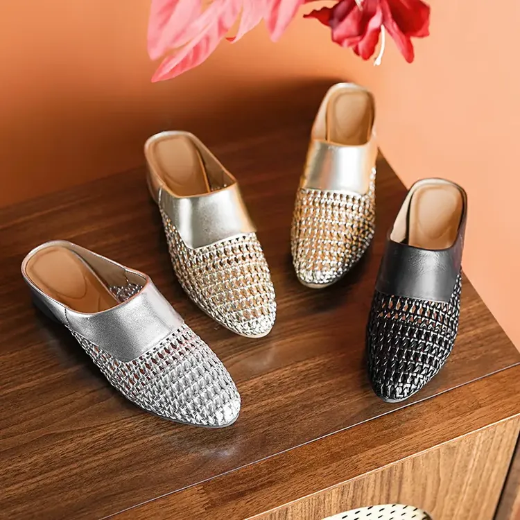 羊皮版~软底软面编织镂空包头半拖鞋女春季新款芒果头中跟穆勒鞋