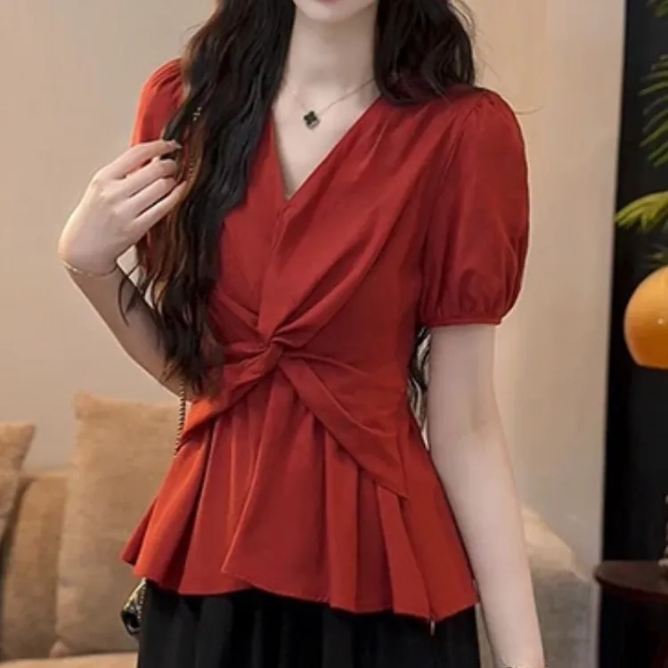 法式港风复古设计感V领短袖衬衫女2025夏季新款收腰显瘦百搭衬衣