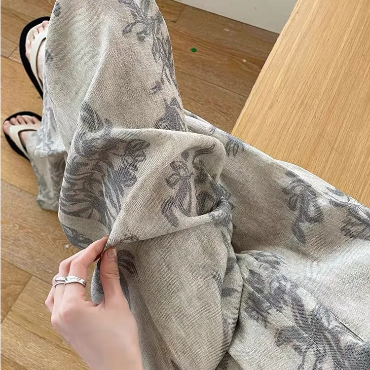 亚麻墨染早秋季新款麻料松紧印花阔腿直筒垂坠显瘦直筒休闲裤8508