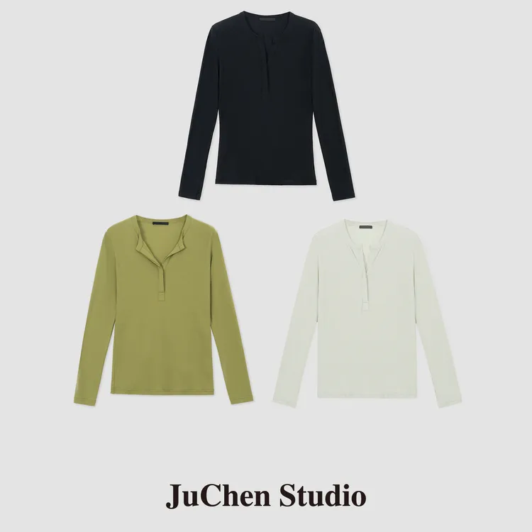 慵懒半开领 舒适棉感基础简约纯色修身长袖打底T恤 FW121835