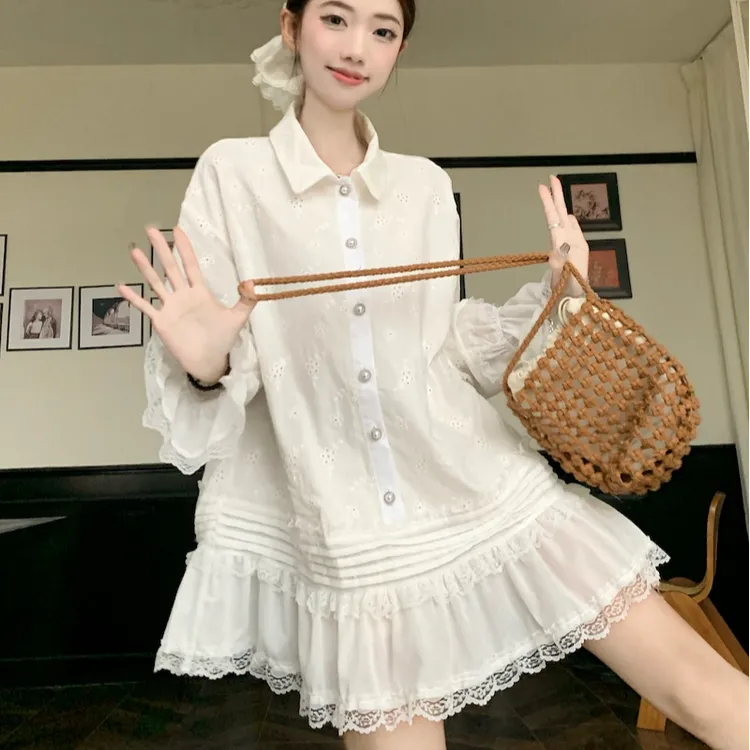法式镂空钩花刺绣翻领长袖白色衬衫女夏季设计感蕾丝花边显瘦衬衣