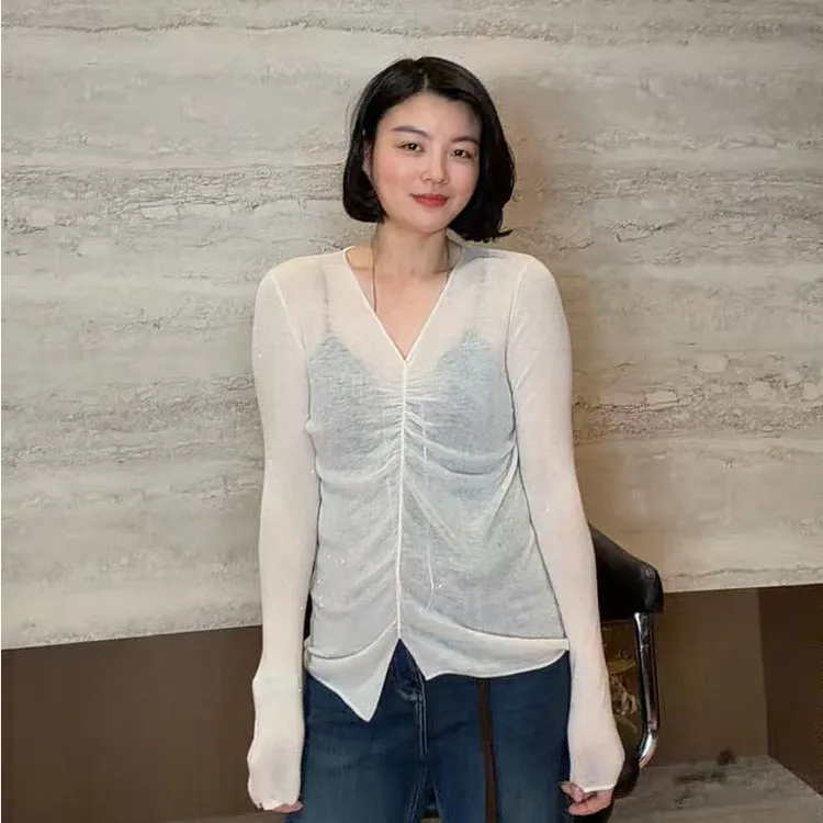 TANTAN白色针织气质长袖短款时尚修身设计感羊毛开衫3471