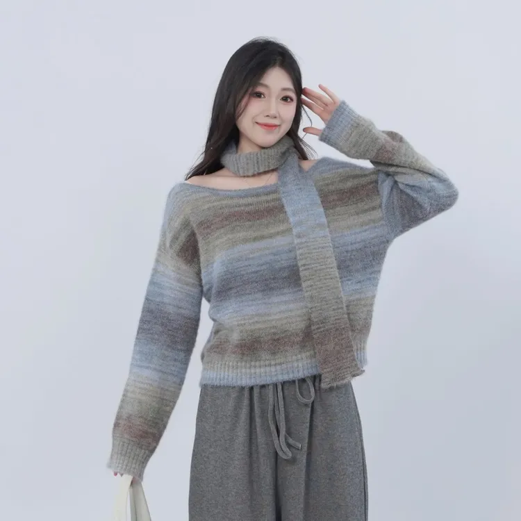 三福 秋季时尚针织百搭宽松圆领慵懒绑带渐变条纹毛衣 513002