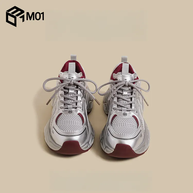 M01厚底老爹鞋女2025春季安可拉红银色配阔腿裤增高休闲运动鞋子