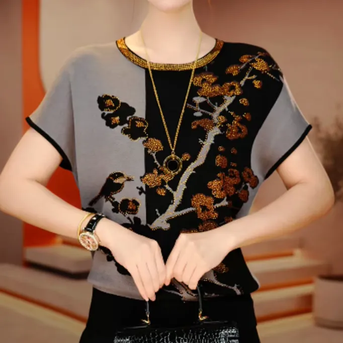 气质早秋高档宽松减龄短袖薄款针织圆领时尚休闲百搭显瘦妈妈上衣