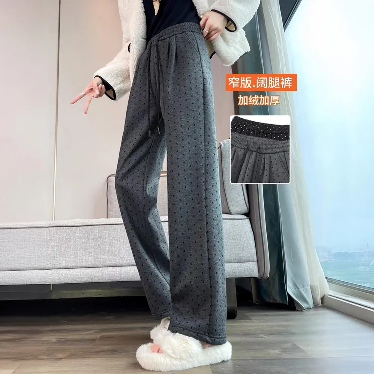 波点阔腿裤女春秋冬高腰加绒裤子加厚毛呢女裤冬季卫裤窄版直筒裤