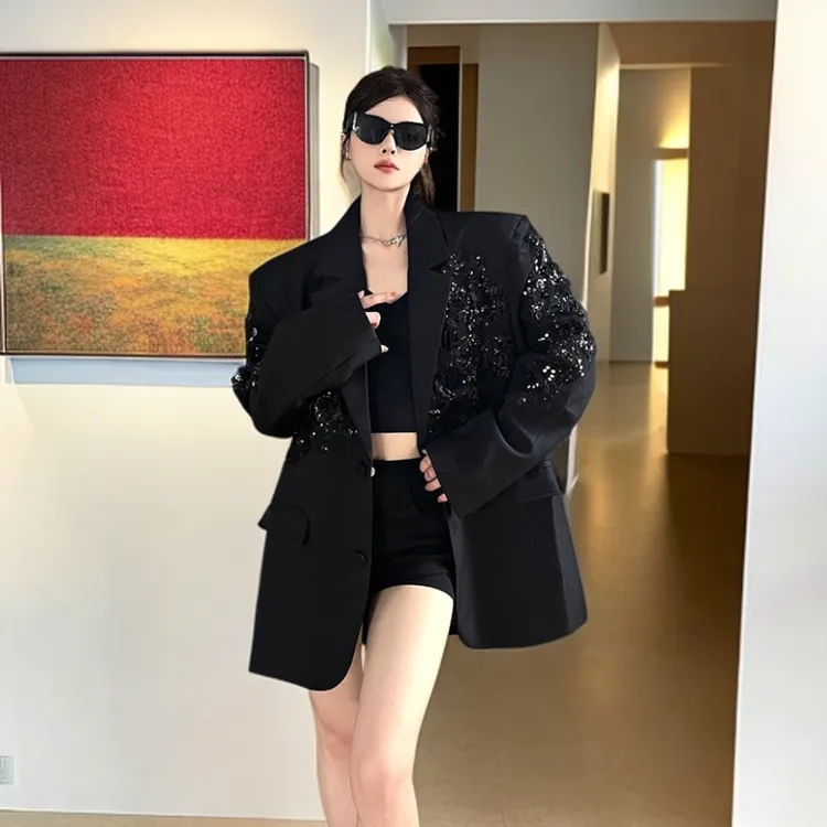 老钱风松弛感女装贵气黑色西装外套女亮片设计感轻奢气质百搭西服